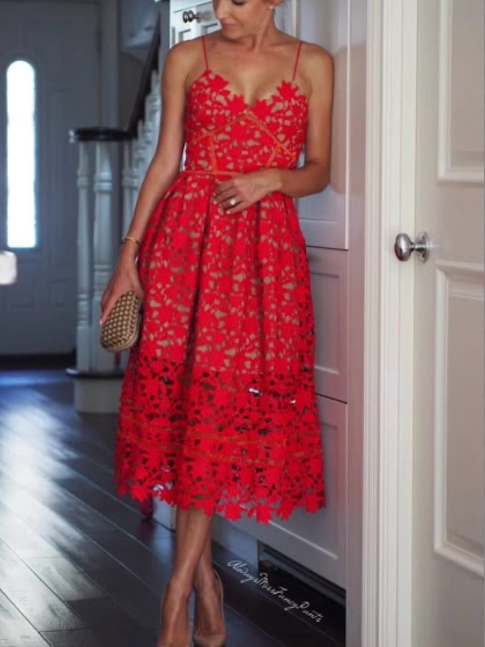 LAffaire Red Guipure Lace Overlay Midi Dress Nude Lining Wedding Guest Medium EU